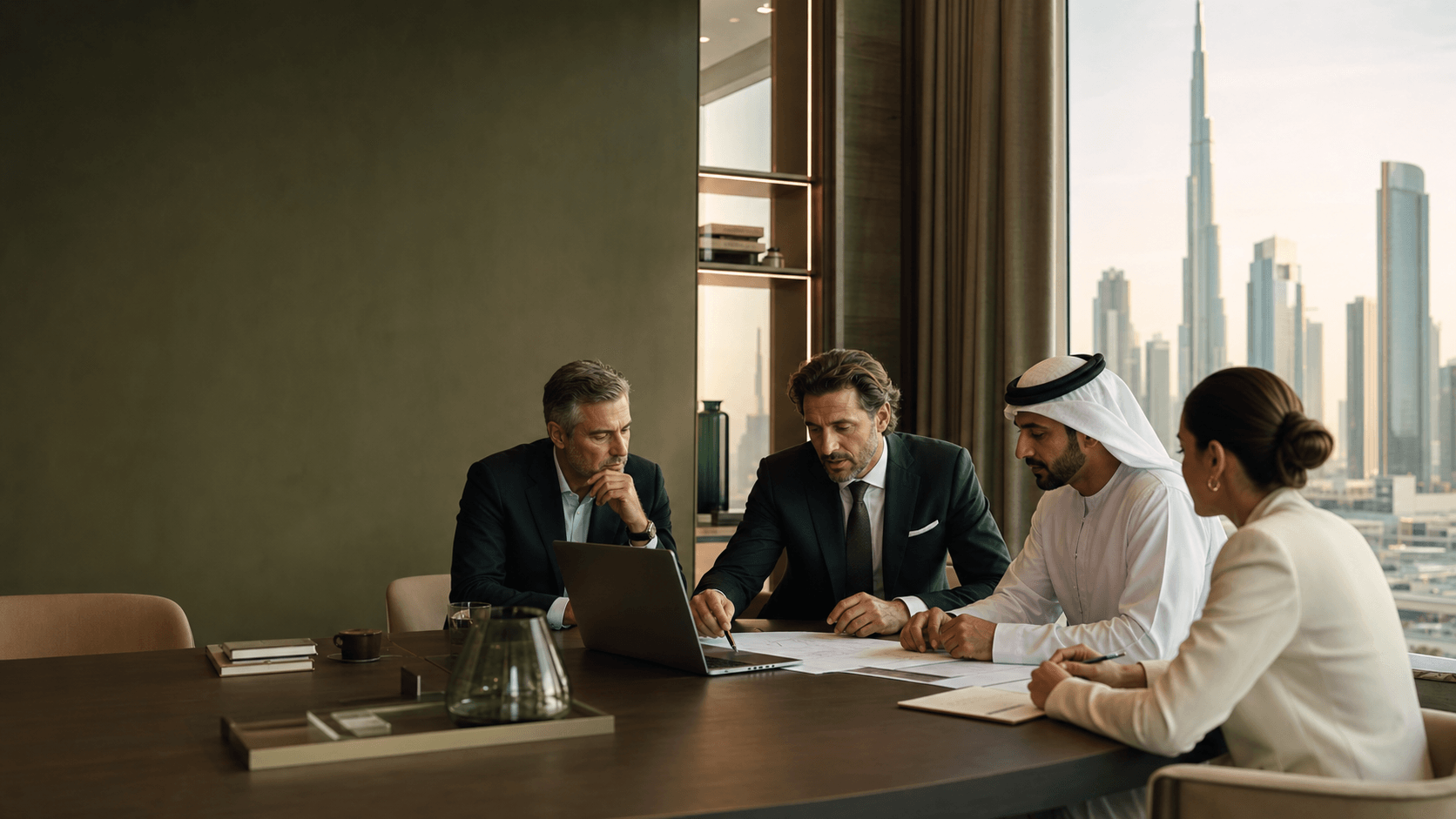 Executives discussing documents around a meeting table with the Dubai skyline beyond