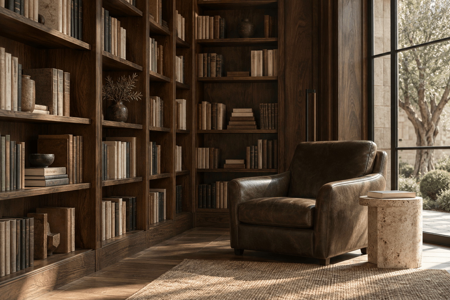 A quiet library with walnut bookshelves and a leather reading chair