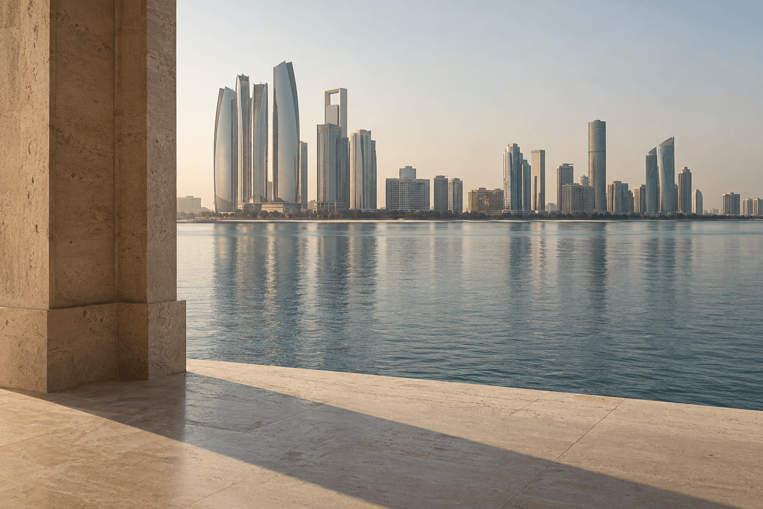 A quiet Emirates waterfront framed by pale stone architecture