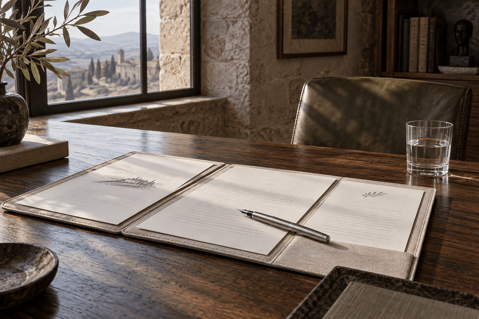An open linen portfolio and fountain pen on a walnut desk